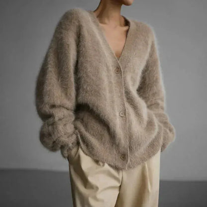 Women's V-Neck Cardigan with Button Closure and Soft Touch Fabric