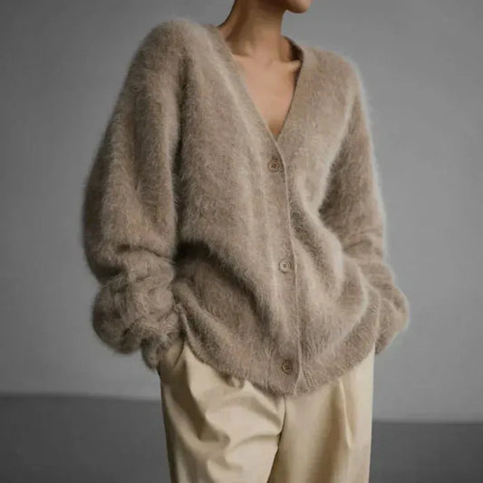 Women's V-Neck Cardigan with Button Closure and Soft Touch Fabric