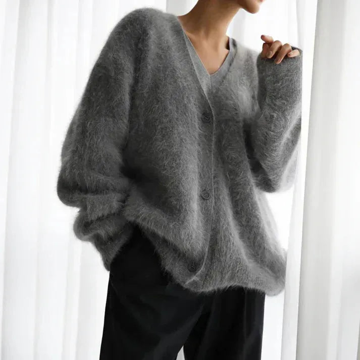 Women's V-Neck Cardigan with Button Closure and Soft Touch Fabric