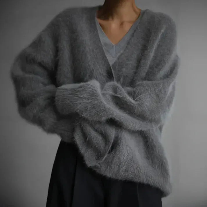 Women's V-Neck Cardigan with Button Closure and Soft Touch Fabric