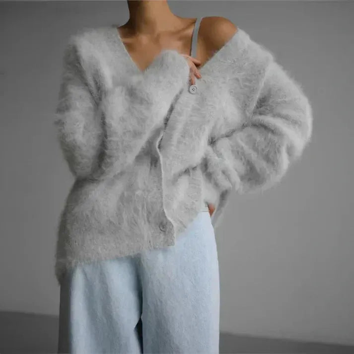 Women's V-Neck Cardigan with Button Closure and Soft Touch Fabric