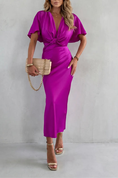 Women's V-Neck Elegant Maxi Wedding Guest Dress with Flutter Sleeve