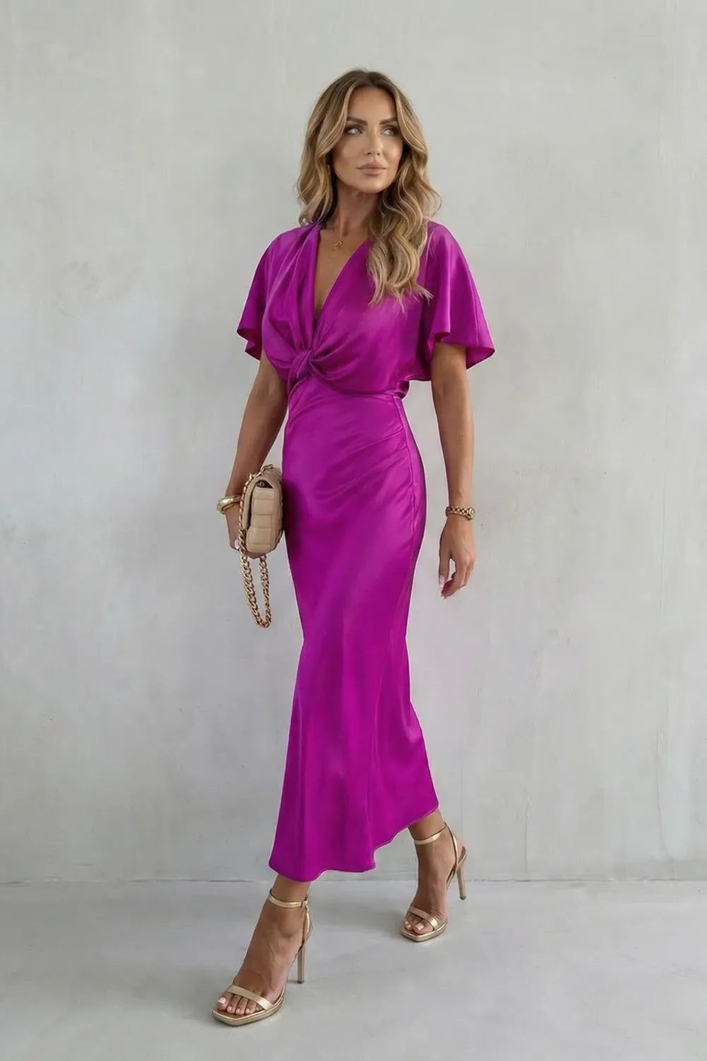 Women's V-Neck Elegant Maxi Wedding Guest Dress with Flutter Sleeve