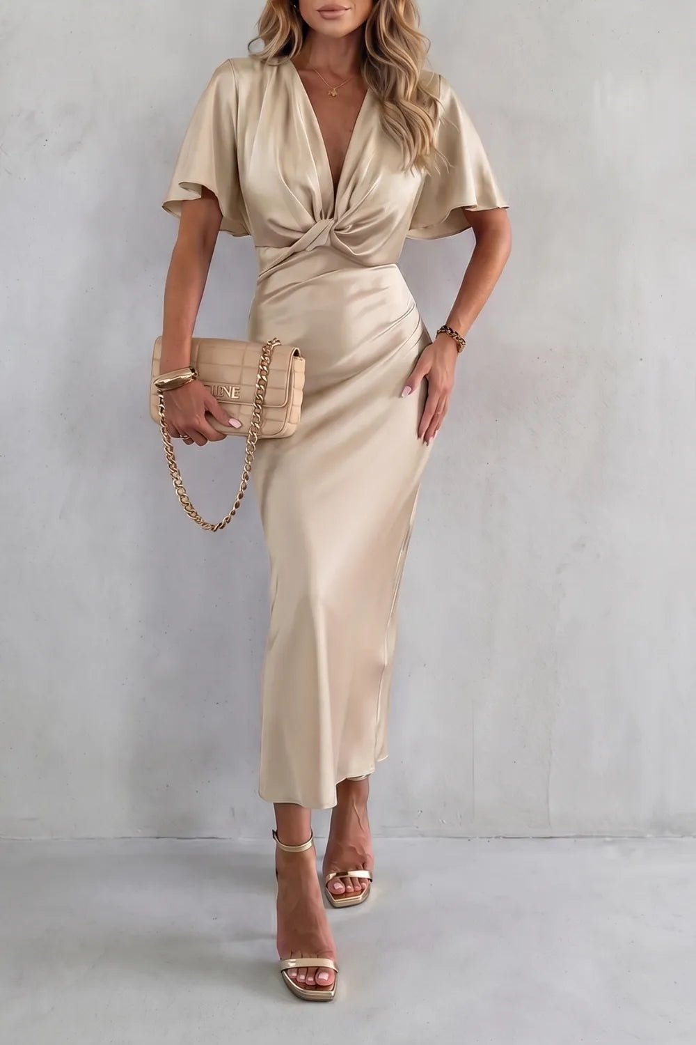 Women's V-Neck Elegant Maxi Wedding Guest Dress with Flutter Sleeve