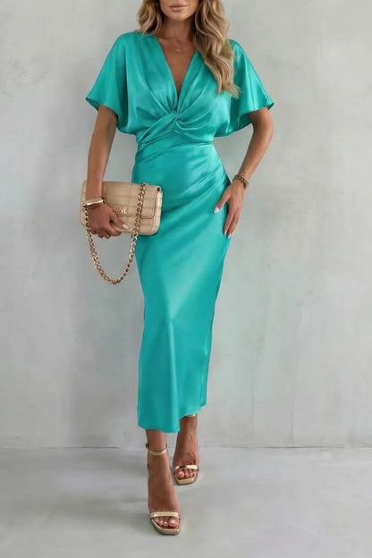 Women's V-Neck Elegant Maxi Wedding Guest Dress with Flutter Sleeve