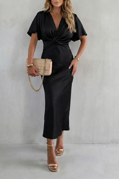 Women's V-Neck Elegant Maxi Wedding Guest Dress with Flutter Sleeve