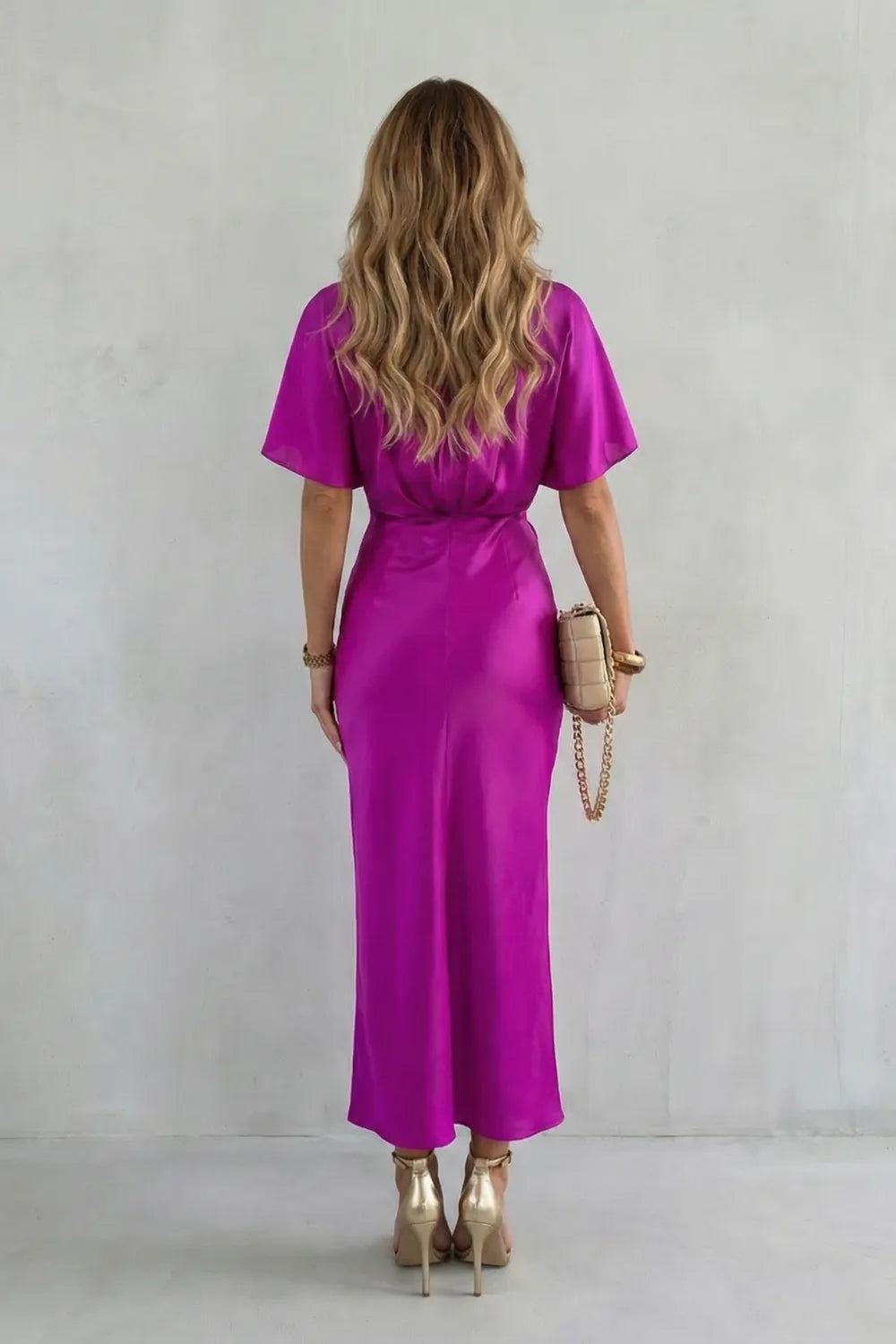 Women's V-Neck Elegant Maxi Wedding Guest Dress with Flutter Sleeve