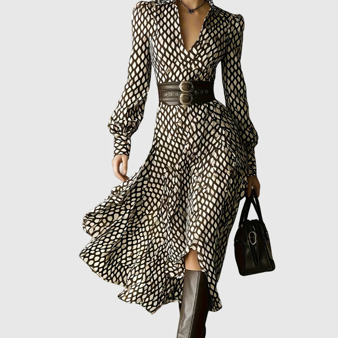 Women's Vintage A-Line Midi Wedding Guest Dress with V-Neck