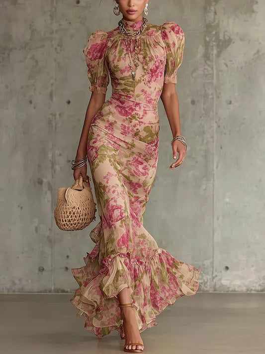 Women's Vintage Floral Maxi Wedding Guest Dress with Puff Sleeve