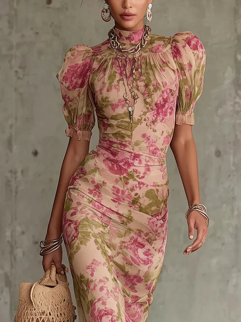 Women's Vintage Floral Maxi Wedding Guest Dress with Puff Sleeve