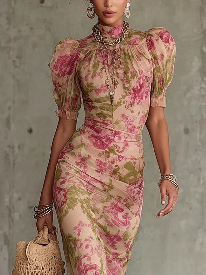 Women's Vintage Floral Maxi Wedding Guest Dress with Puff Sleeve