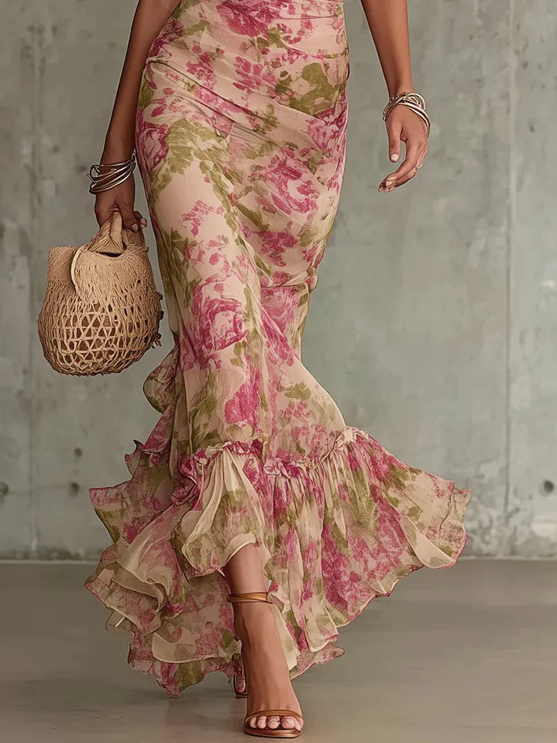 Women's Vintage Floral Maxi Wedding Guest Dress with Puff Sleeve