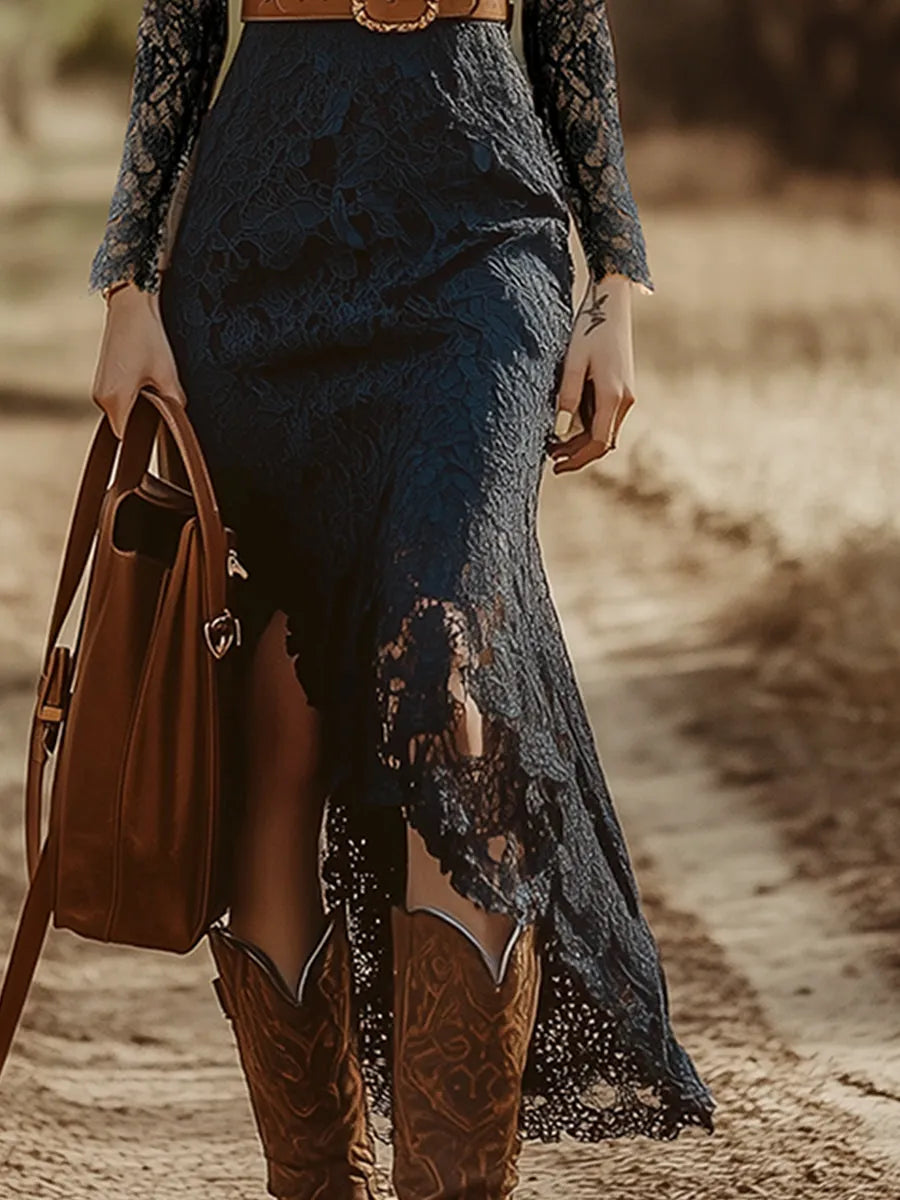 Women's Vintage Long Sleeve Midi Wedding Guest Dress with V-Neck