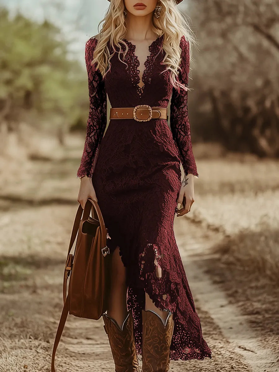 Women's Vintage Long Sleeve Midi Wedding Guest Dress with V-Neck
