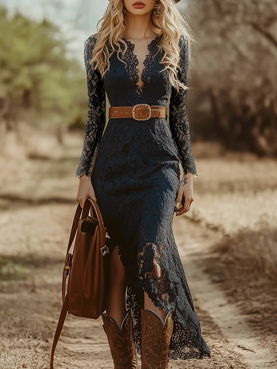 Women's Vintage Long Sleeve Midi Wedding Guest Dress with V-Neck