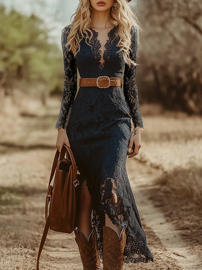 Women's Vintage Long Sleeve Midi Wedding Guest Dress with V-Neck