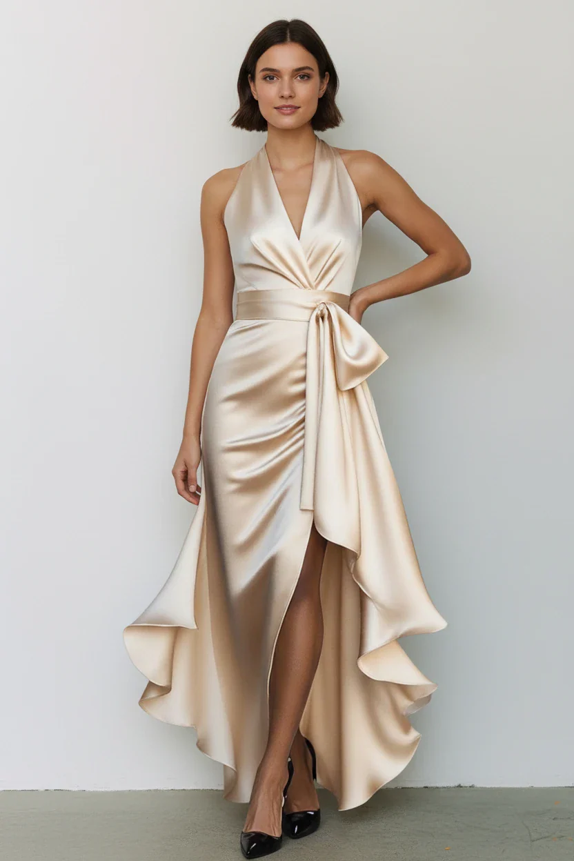 Women's Wrap Elegant Maxi Wedding Guest Dress with V-Neck
