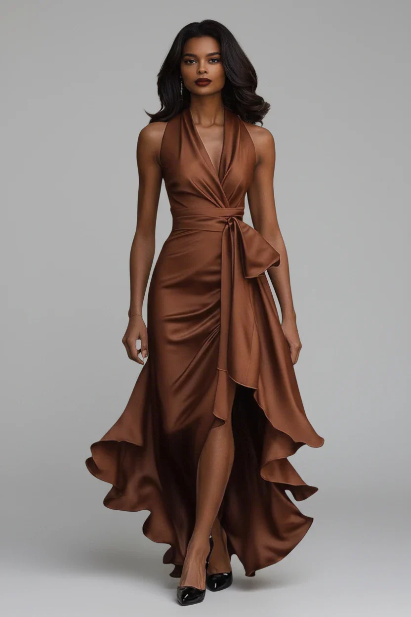 Women's Wrap Elegant Maxi Wedding Guest Dress with V-Neck