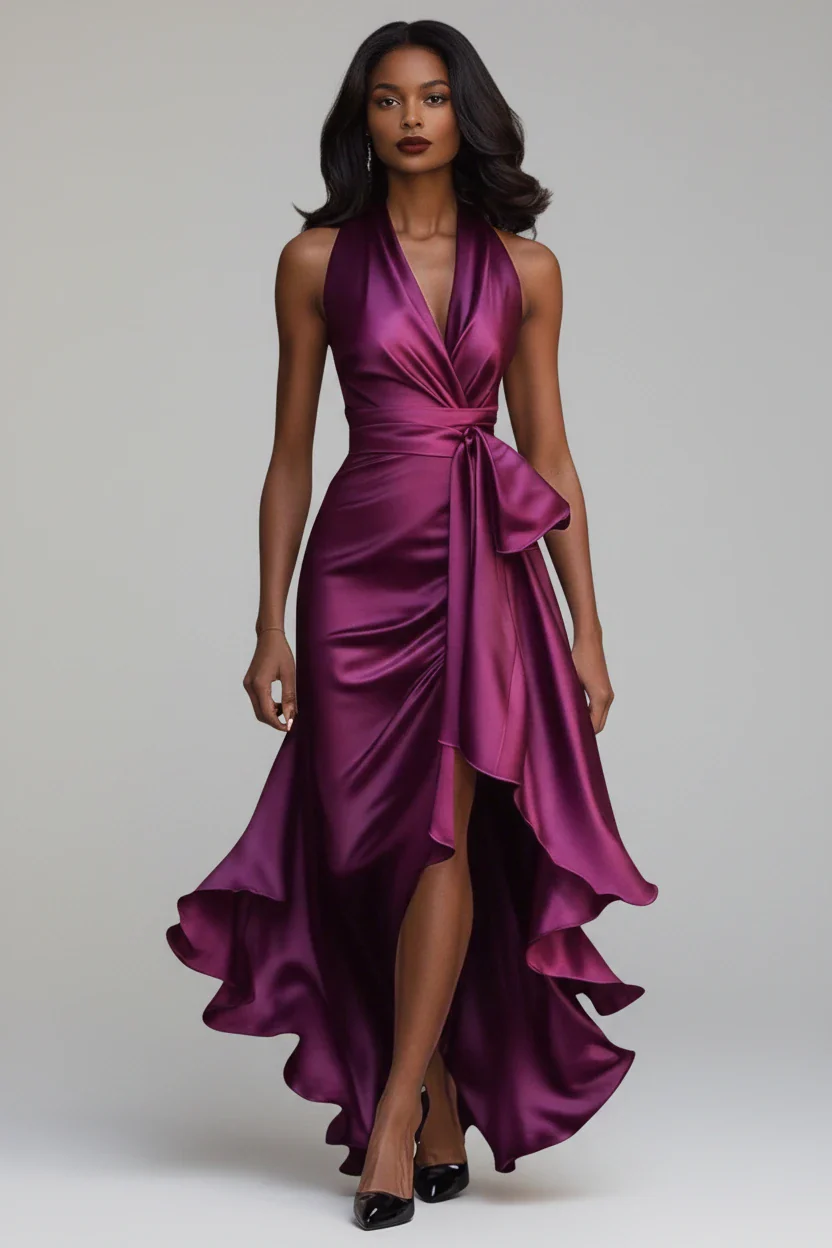 Women's Wrap Elegant Maxi Wedding Guest Dress with V-Neck