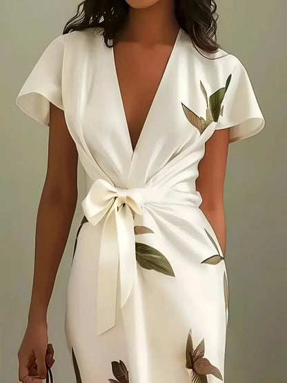 Women's Wrap Elegant Midi Wedding Guest Dress with V-Neck