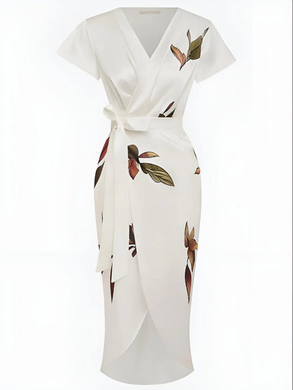 Women's Wrap Elegant Midi Wedding Guest Dress with V-Neck