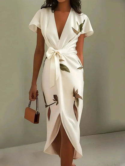 Women's Wrap Elegant Midi Wedding Guest Dress with V-Neck