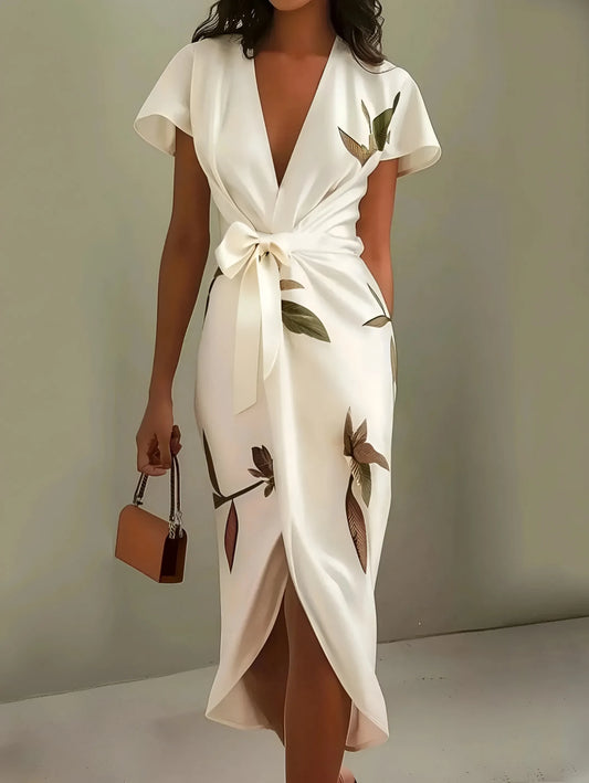 Women's Wrap Elegant Midi Wedding Guest Dress with V-Neck