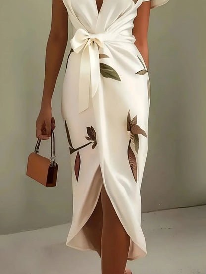 Women's Wrap Elegant Midi Wedding Guest Dress with V-Neck