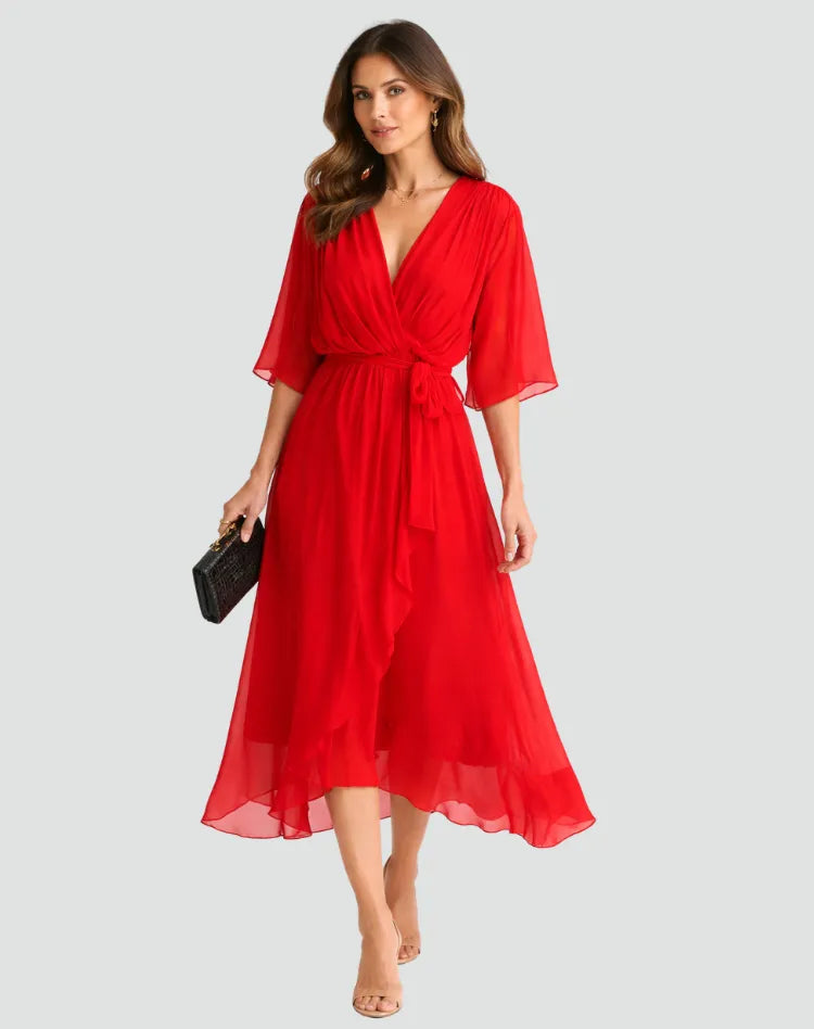 Women's Wrap Flowy Midi Wedding Guest Dress with Flutter Sleeve