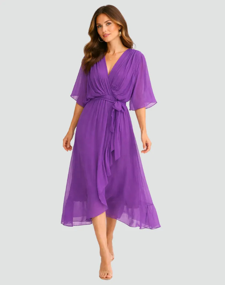 Women's Wrap Flowy Midi Wedding Guest Dress with Flutter Sleeve