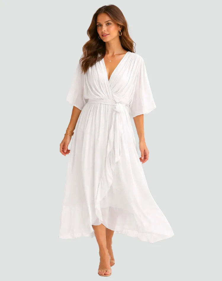 Women's Wrap Flowy Midi Wedding Guest Dress with Flutter Sleeve