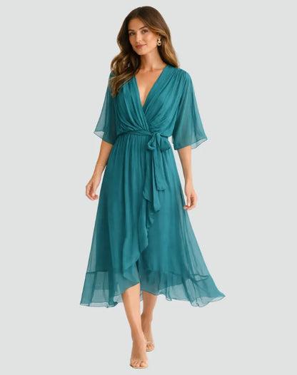 Women's Wrap Flowy Midi Wedding Guest Dress with Flutter Sleeve