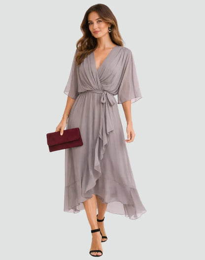 Women's Wrap Flowy Midi Wedding Guest Dress with Flutter Sleeve