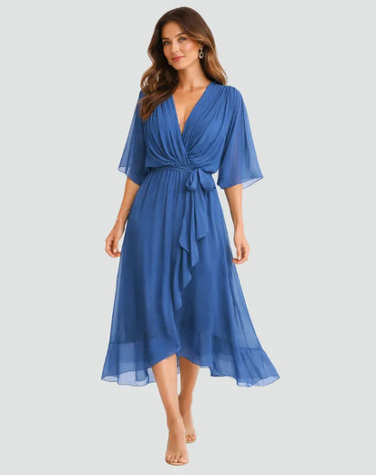 Women's Wrap Flowy Midi Wedding Guest Dress with Flutter Sleeve