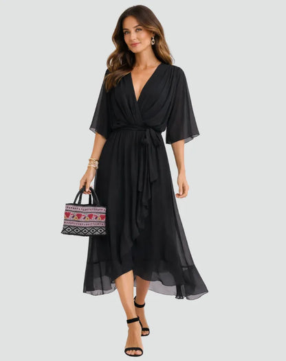 Women's Wrap Flowy Midi Wedding Guest Dress with Flutter Sleeve