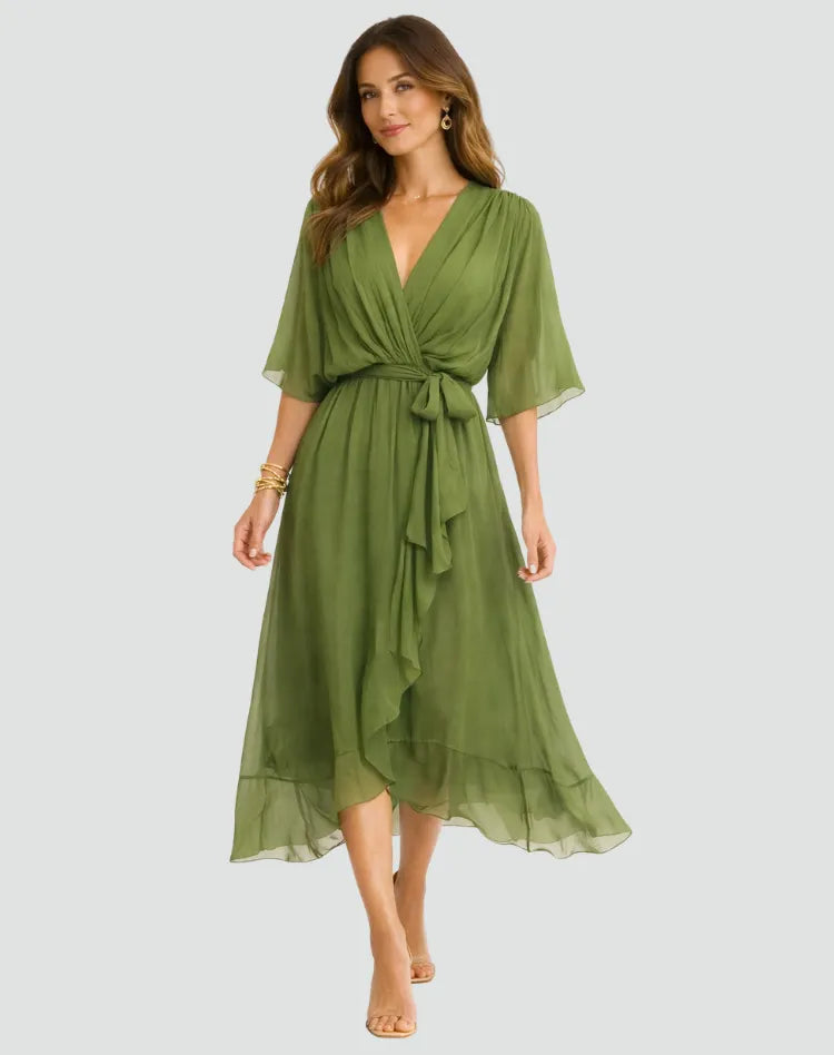 Women's Wrap Flowy Midi Wedding Guest Dress with Flutter Sleeve