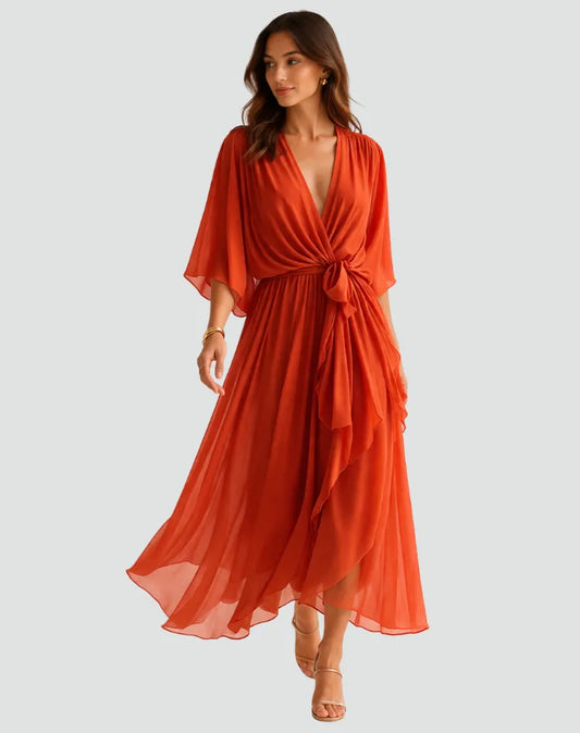 Women's Wrap Flowy Midi Wedding Guest Dress with Flutter Sleeve