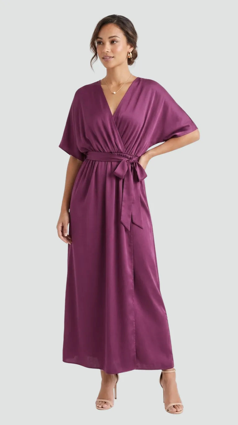 Women's Wrap Flowy Midi Wedding Guest Dress with Flutter Sleeve