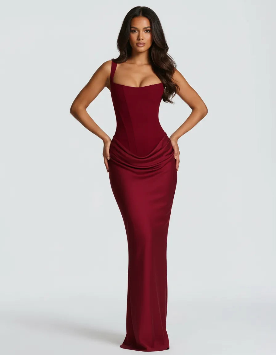 Women's Elegant Bodycon Maxi Wedding Guest Dress with Square Neck