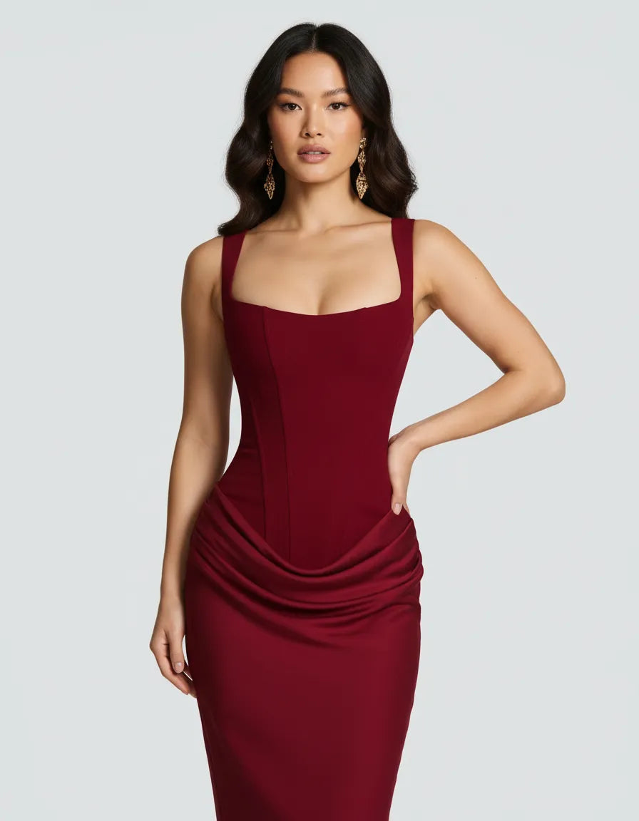 Women's Elegant Bodycon Maxi Wedding Guest Dress with Square Neck