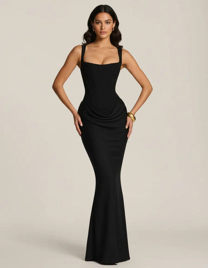 Women's Elegant Bodycon Maxi Wedding Guest Dress with Square Neck