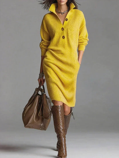 Women’s Elegant Long Sleeves Midi Wedding Guest Dress with Button Front