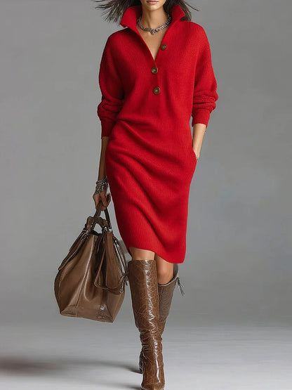 Women’s Elegant Long Sleeves Midi Wedding Guest Dress with Button Front