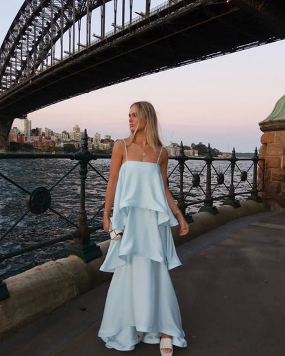Women's Elegant Ruffle Maxi Wedding Guest Dress with Spaghetti Straps