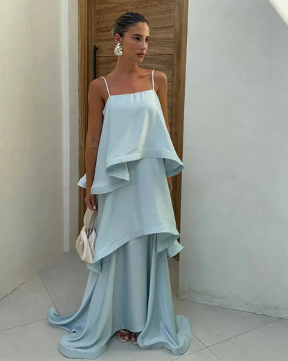 Women's Elegant Ruffle Maxi Wedding Guest Dress with Spaghetti Straps