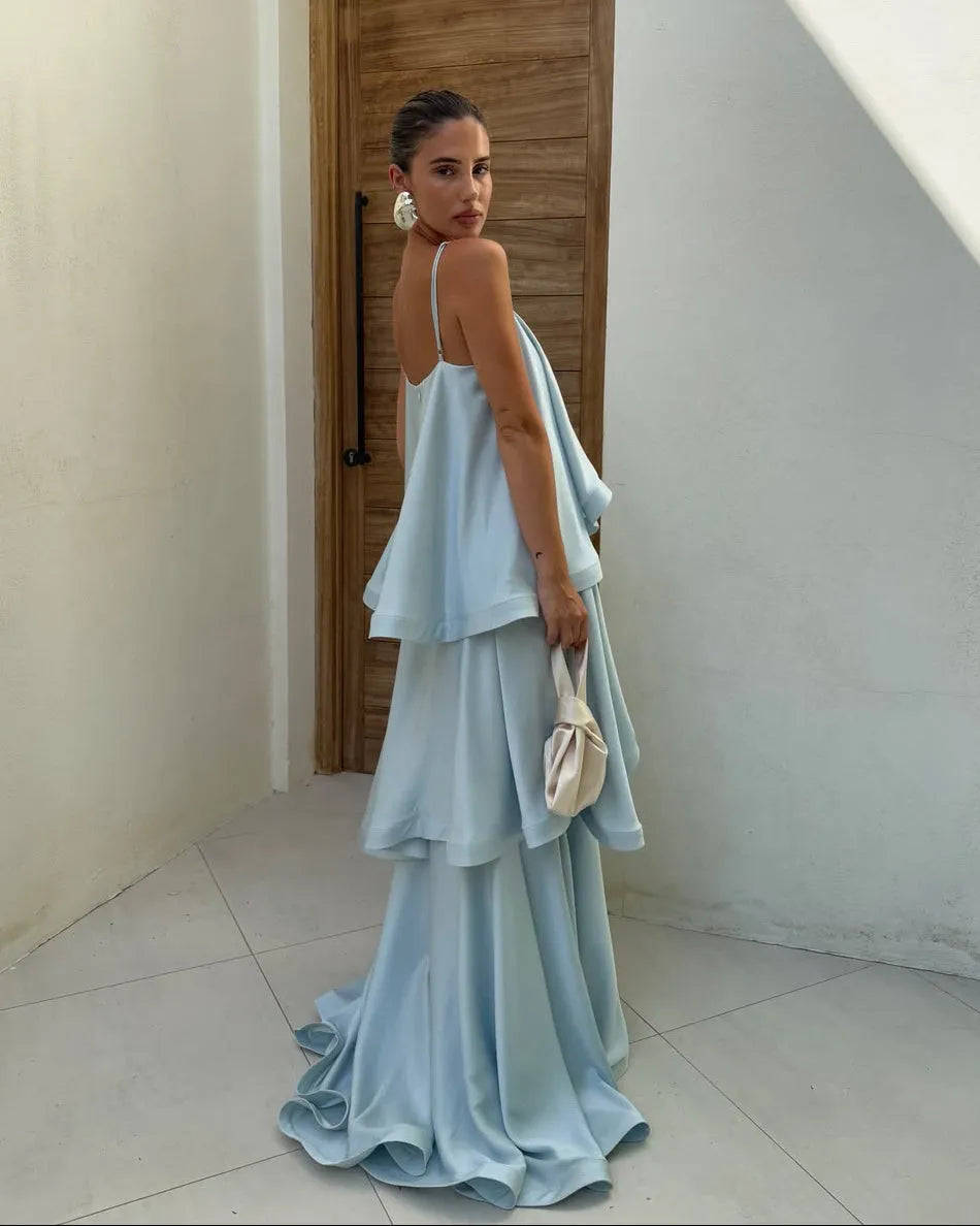 Women's Elegant Ruffle Maxi Wedding Guest Dress with Spaghetti Straps