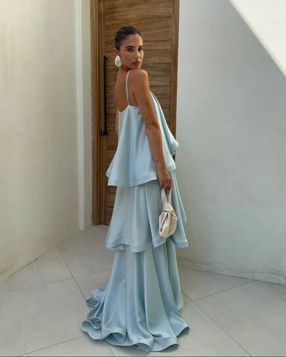 Women's Elegant Ruffle Maxi Wedding Guest Dress with Spaghetti Straps