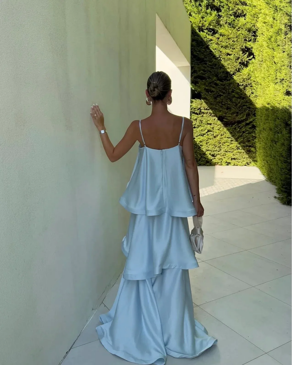 Women's Elegant Ruffle Maxi Wedding Guest Dress with Spaghetti Straps