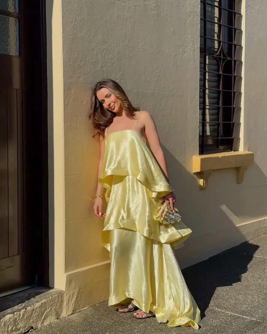 Women's Elegant Ruffle Maxi Wedding Guest Dress with Spaghetti Straps