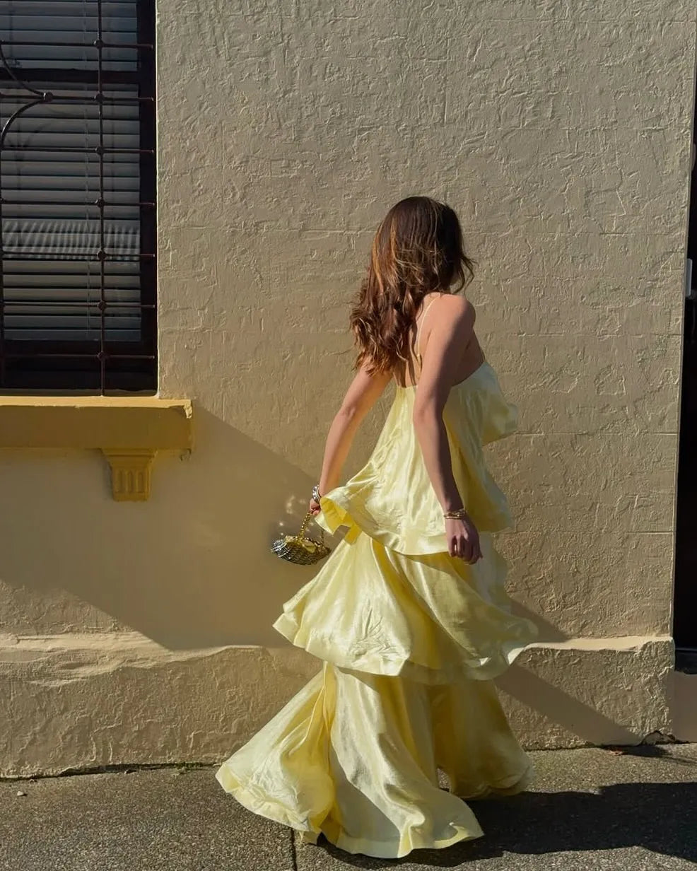 Women's Elegant Ruffle Maxi Wedding Guest Dress with Spaghetti Straps